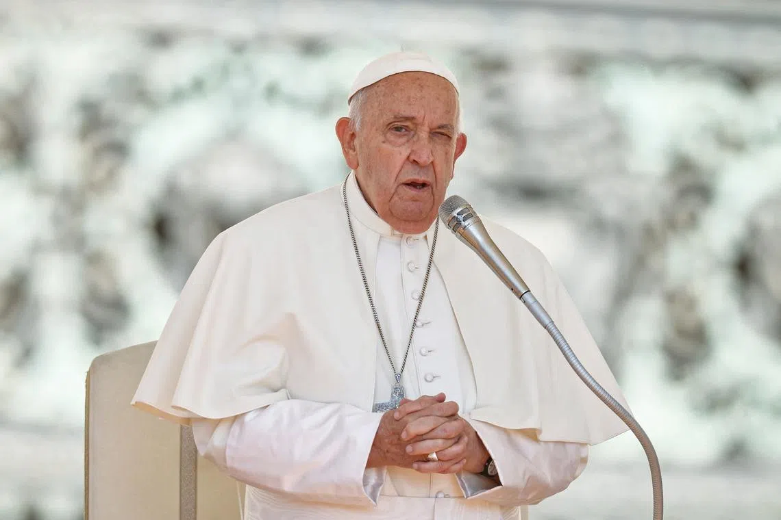 FILE PHOTO: Pope Francis attends the weekly general audience in Saint Peter's Square at the Vatican, June 5, 2024. REUTERS/Yara Nardi/File Photo