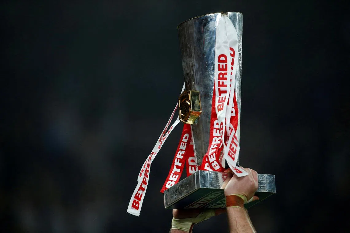FILE PHOTO: Rugby League - Super League Grand Final - Catalans Dragons v St Helens - Old Trafford, Manchester, Britain - October 9, 2021 General view of the trophy  Action Images/Craig Brough/File Photo