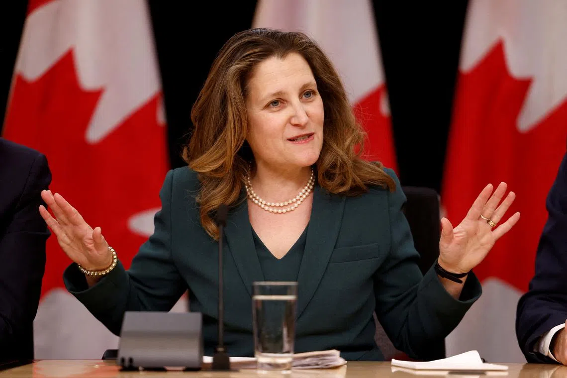 FILE PHOTO: Canada's Deputy Prime Minister and Minister of Finance Chrystia Freeland takes part in a press conference in Ottawa, Ontario, Canada January 29, 2024.  REUTERS/Blair Gable