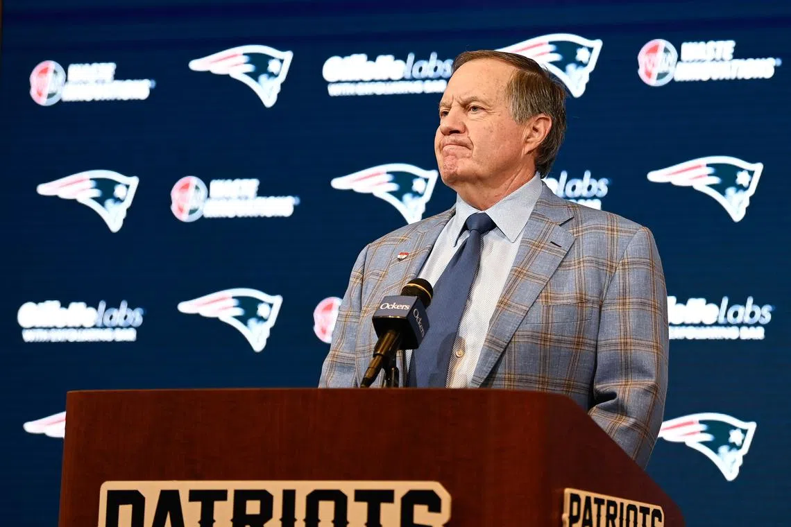 FILE PHOTO: Jan 11, 2024; Foxborough, MA, USA; New England Patriots former head coach Bill Belichick holds a press conference at Gillette Stadium to announce his exit from the team. Mandatory Credit: Eric Canha-USA TODAY Sports/File Photo