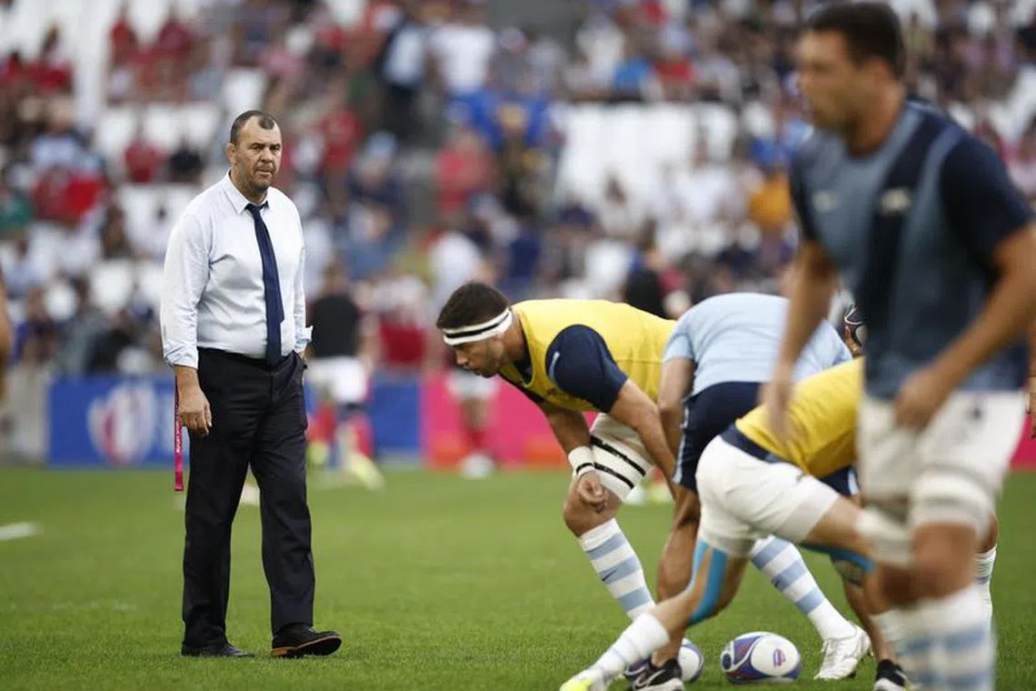 Rugby Union - Rugby World Cup 2023 - Quarter Final - Wales v Argentina - Orange Velodrome, Marseille, France - October 14, 2023  Argentina head coach Michael Cheika as the players warm up before the match REUTERS/Benoit Tessier