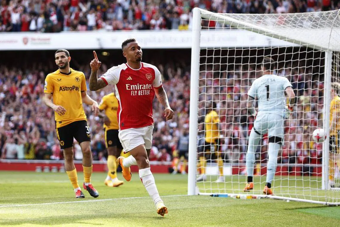FILE PHOTO: Soccer Football - Premier League - Arsenal v Wolverhampton Wanderers - Emirates Stadium, London, Britain - May 28, 2023 Arsenal's Gabriel Jesus celebrates scoring their fourth goal Action Images via Reuters/Peter Cziborra/File Photo