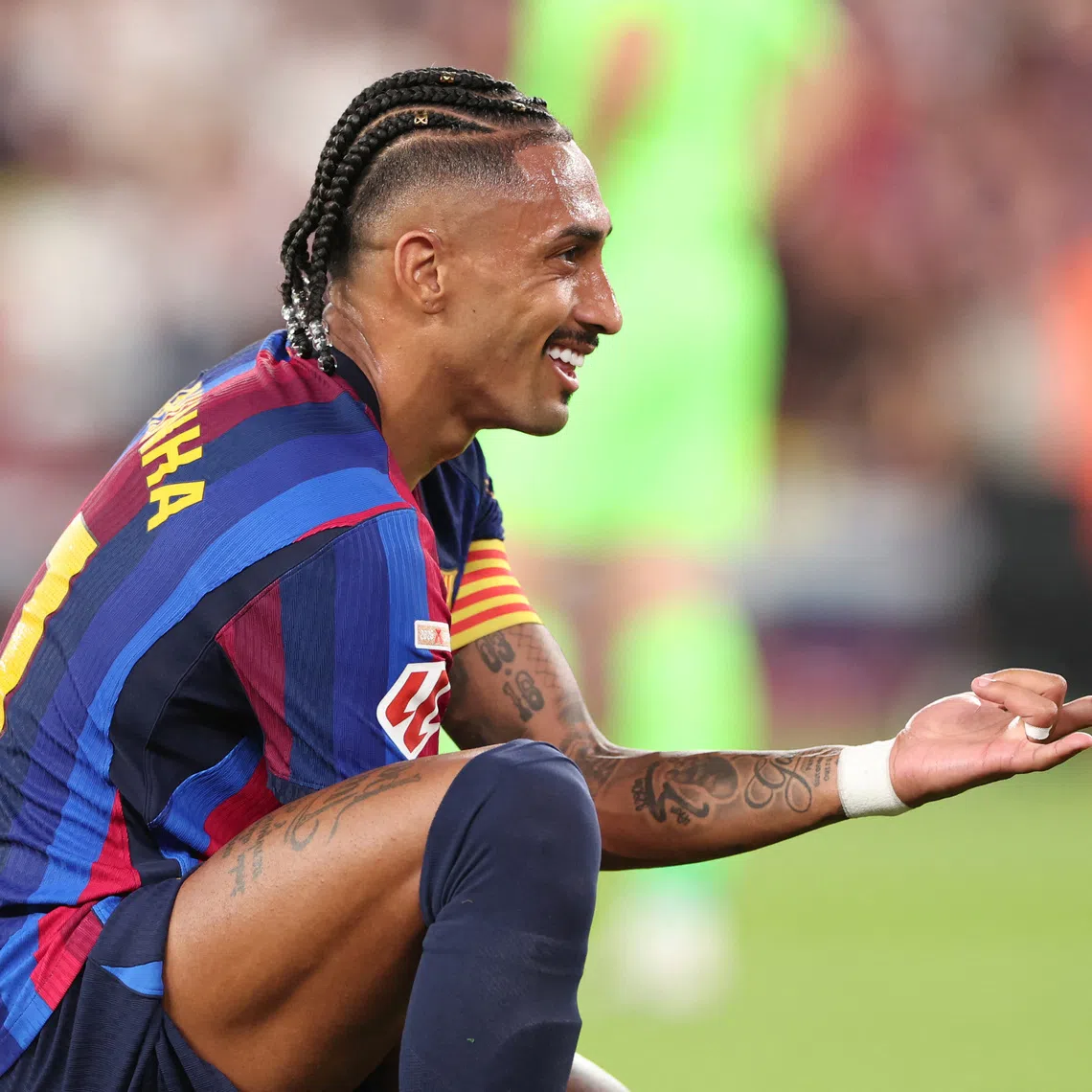 Barcelona’s Raphinha celebrates scoring their first goal against Athletic Bilbao.