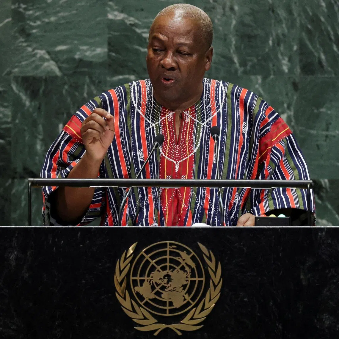 FILE PHOTO: Ghana's President John Dramani Mahama addresses the 80th United Nations General Assembly (UNGA), at the U.N. headquarters in New York, U.S., September 25, 2025. REUTERS/Jeenah Moon/File Photo