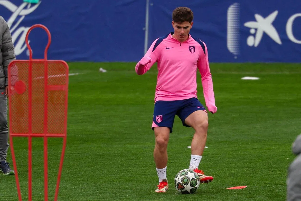 Atletico Madrid's Argentinian forward Julian Alvarez controlling the ball during a training session at the club's training ground in Majadahonda on the eve of the Champions League round of 16, first-leg football match against Real Madrid on March 3.