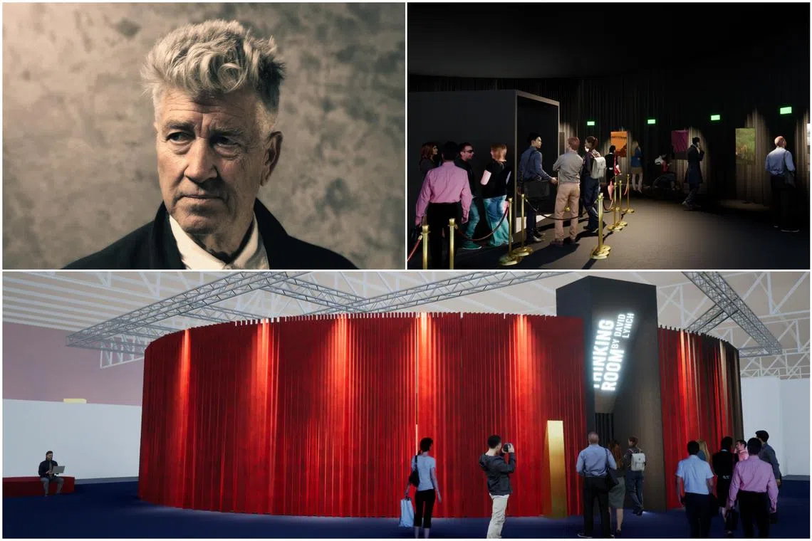 American film-maker and designer David Lynch's (top left) contribution to Salone del Mobile.Milano 2024 is Interiors By David Lynch. A Thinking Room.
