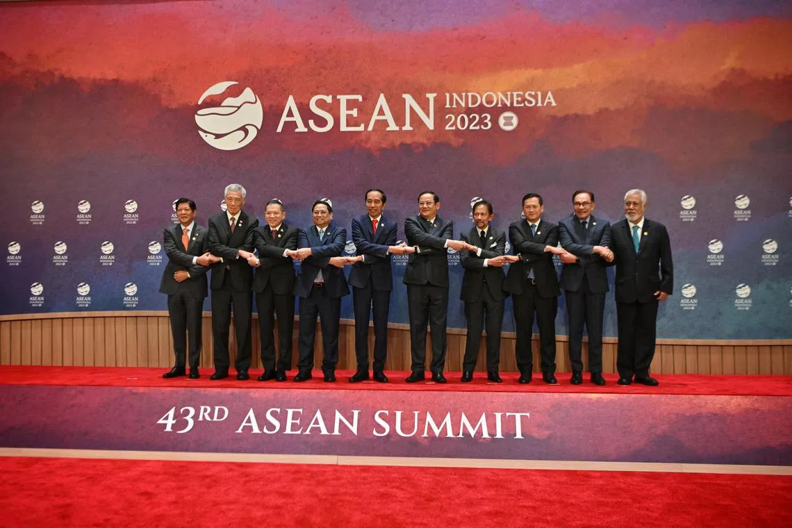 Singapore PM Lee Hsien Loong (second left) with (from left) Philippine President Ferdinand Marcos Jr., Thailand Permanent Secretary at the ministry of foreign affairs Sarun Charoensuwan, Vietnam PM Pham Minh Chinh, Indonesia President Joko Widodo, Laos PM Sonexay Siphandone, Brunei Sultan Hassanal Bolkiah, Cambodia PM Hun Manet, Malaysia PM Anwar Ibrahim, and East Timor PM Xanana Gusmao at the opening of the 43rd ASEAN Summit in Jakarta.