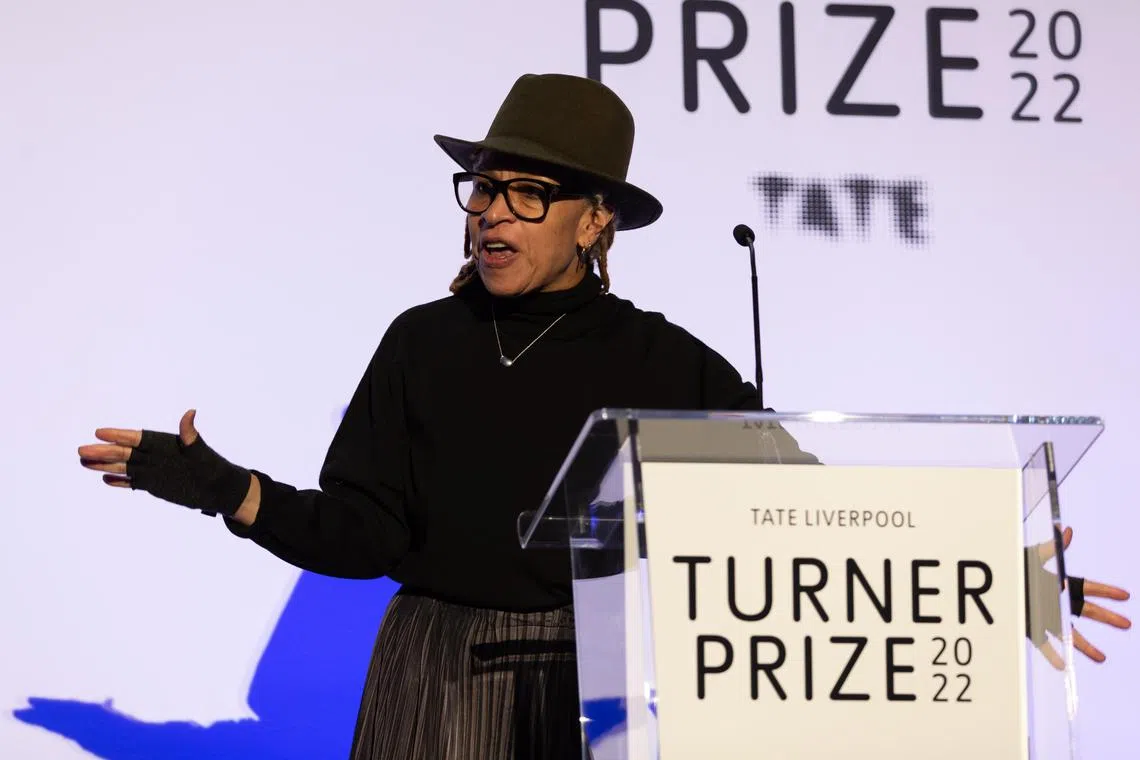 Ms Veronica Ryan celebrates winning the 2022 Turner Prize at a ceremony in St. George’s Hall in Liverpool, on Dec 7, 2022.