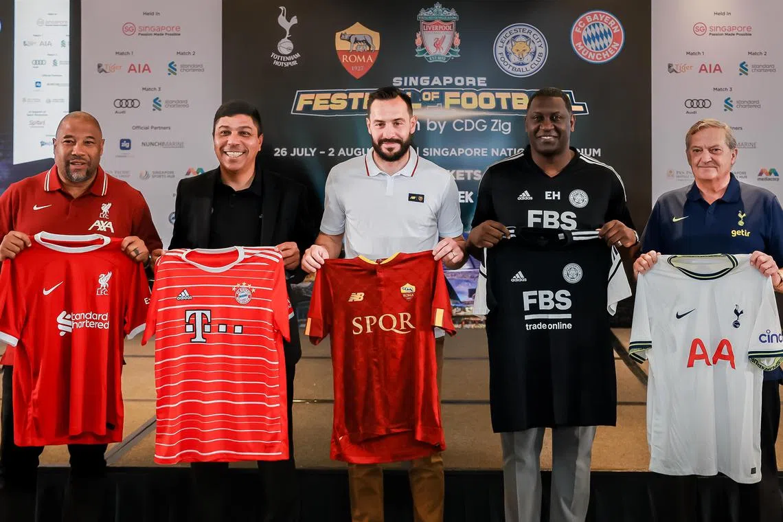 From left: Football legends Liverpool’s John Barnes (red), Bayern Munich’s Giovane Elber (black jacket), Roma’s Marco Cassetti (white), Leicester City’s Emile Heskey (black) and Totteham Hotspur’s Gary Mabbutt (dark blue) at the press conference for the inaugural Singapore Festival of Football, May 16, 2023. The festival will be held in July.