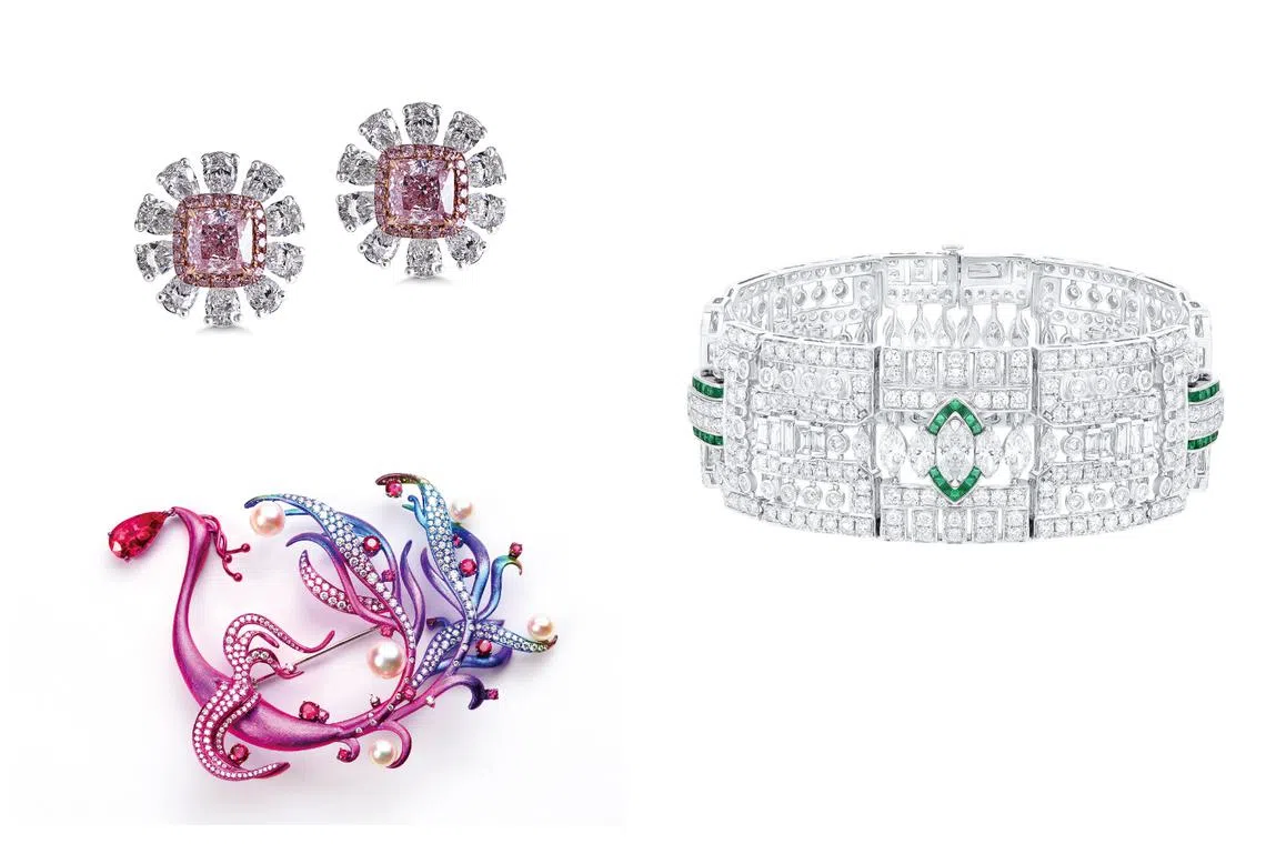 (Clockwise from top left) Infiniti Jewels by Diastar’s Fancy Earrings,Jaipore Jewels’ Art Deco Diamond Bracelet with Emerald Highlights and Guang Zhou Ein Stein Jewelry Co.’s Phoenix Brooch.