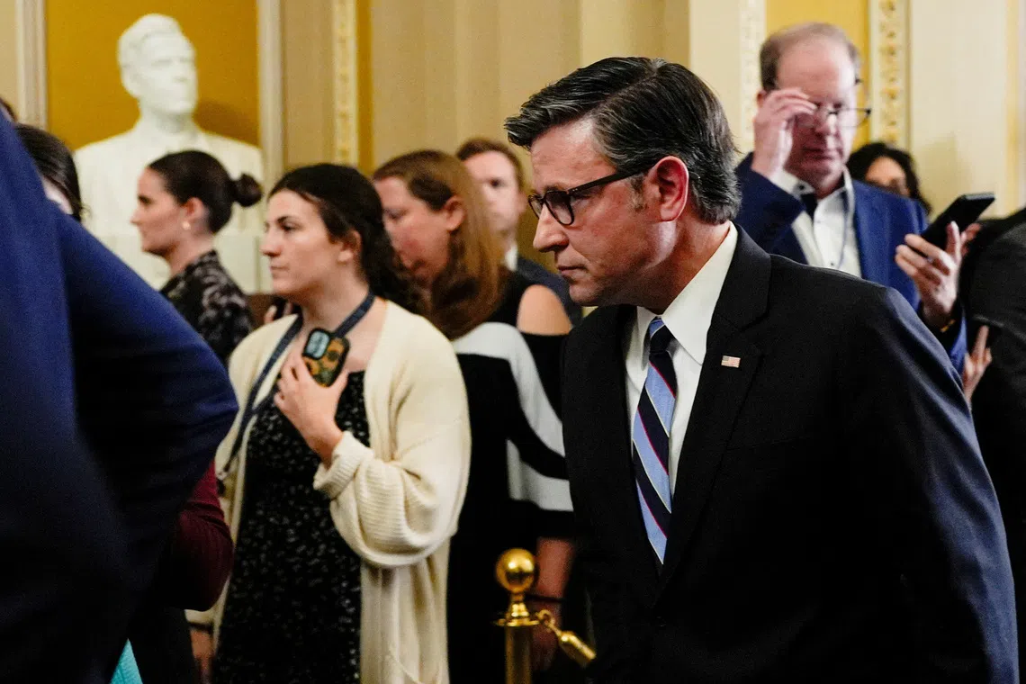 U.S. Speaker of the House Mike Johnson (R-LA) walks following the Republican leaders' weekly policy lunch as the partial government shutdown continues, on Capitol Hill in Washington, D.C., U.S., October 7, 2025. REUTERS/Kent Nishimura