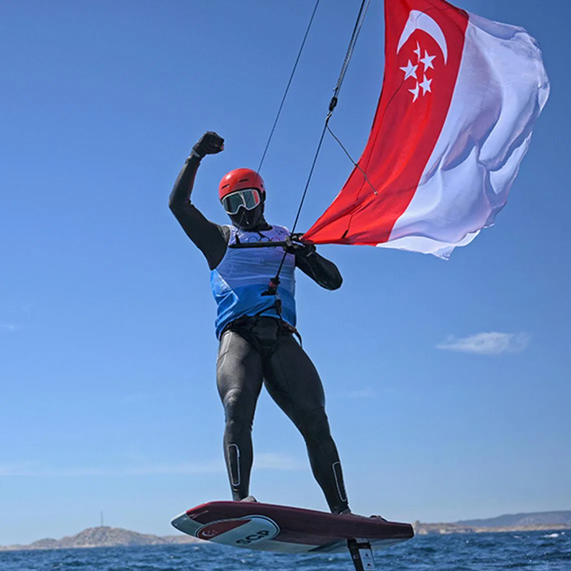 Singaporean Kitefoiler Maximilian Maeder after race 3 of the Paris 2024 Olympics Men’s Kite final at the Marseille Marina on August 9, 2024. He delivered a special birthday present for the nation by claiming a bronze medal at the Paris Olympics.