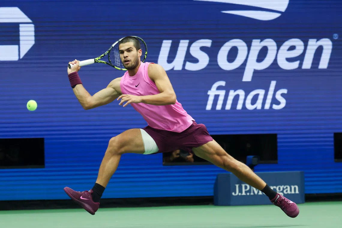 FILE PHOTO: Sep 7, 2025; Flushing, NY, USA;  Carlos Alcaraz (ESP) in action against Jannik Sinner (ITA) (not pictured) during the final of mens singles at Billie Jean King National Tennis Center. Mandatory Credit: Mike Frey-Imagn Images/ File Photo