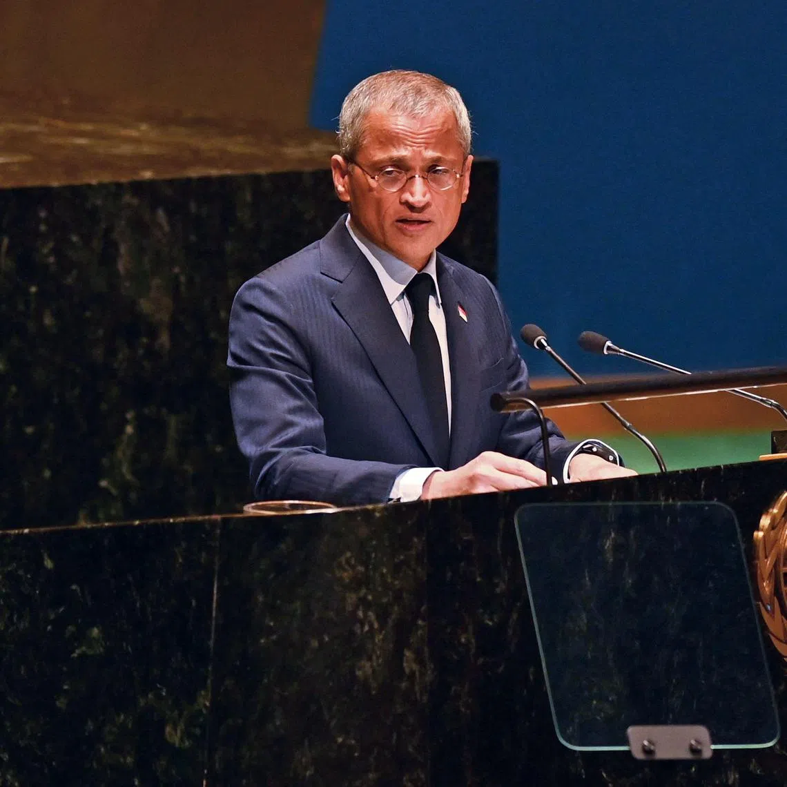 Singapore's Ambassador to the UN Burhan Gafoor speaks during the 10th Emergency Special Session 39th plenary meeting on the Israeli-Palestinian conflict at the United Nations, in New York, on Oct 27, 2023. 