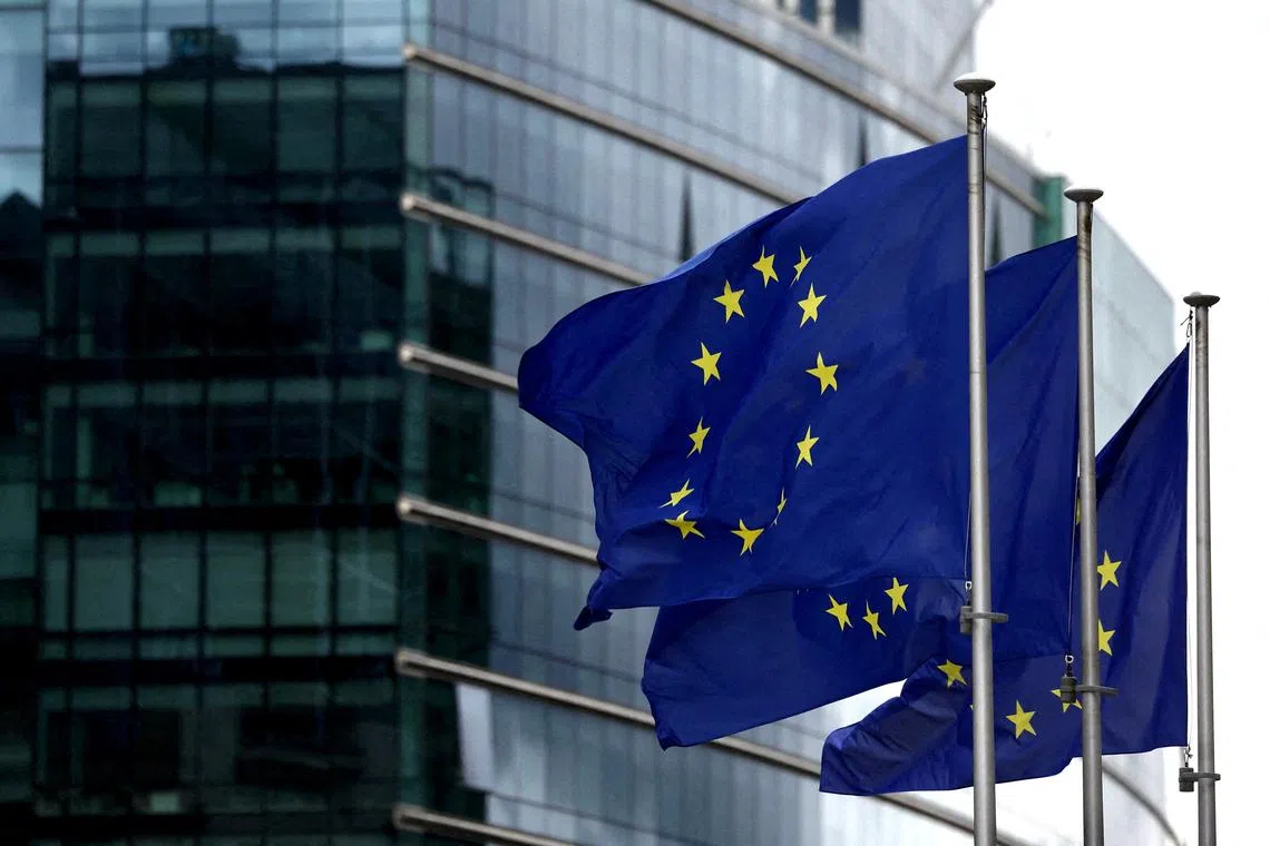 FILE PHOTO: European flags fly outside the European Commission headquarters in Brussels, Belgium September 20, 2023. REUTERS/Yves Herman//File Photo/File Photo