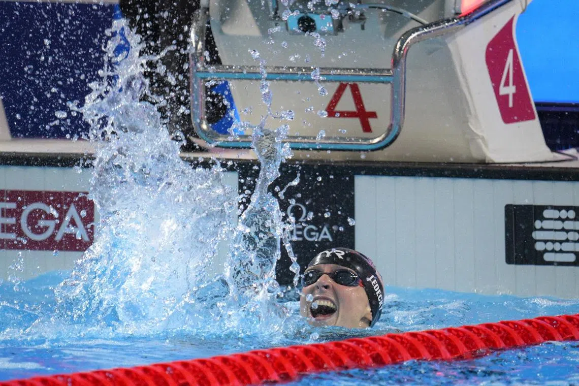 Katie Ledecky of the USA after winning  the World Aquatics Championship Women's 800m Freestyle Final held at the WCH Arena on Aug 2, 2025.