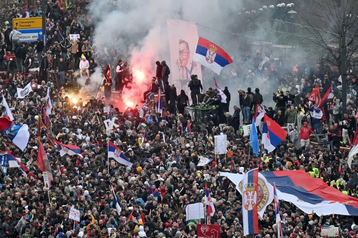 Protesters during an anti-government demonstration in Belgrade, Serbia, on March 15.