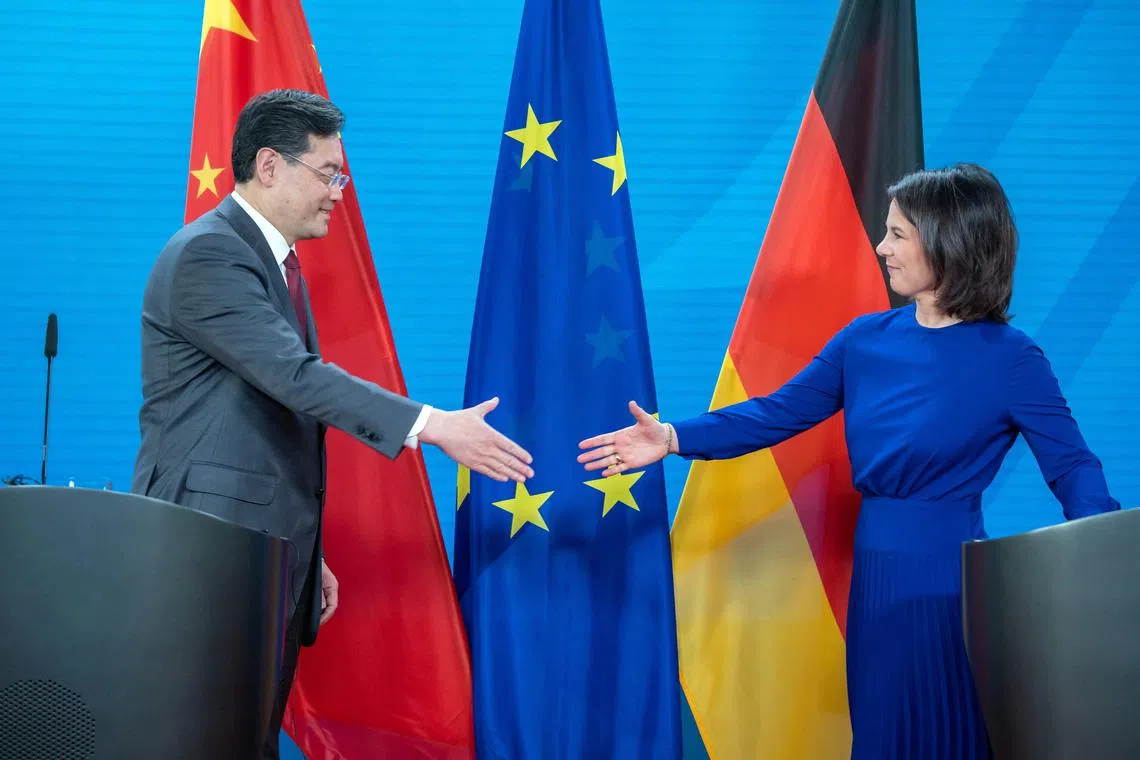 German Foreign Minister Annalena Baerbock takes part in a press conference with her Chinese counterpart Qin Gang.