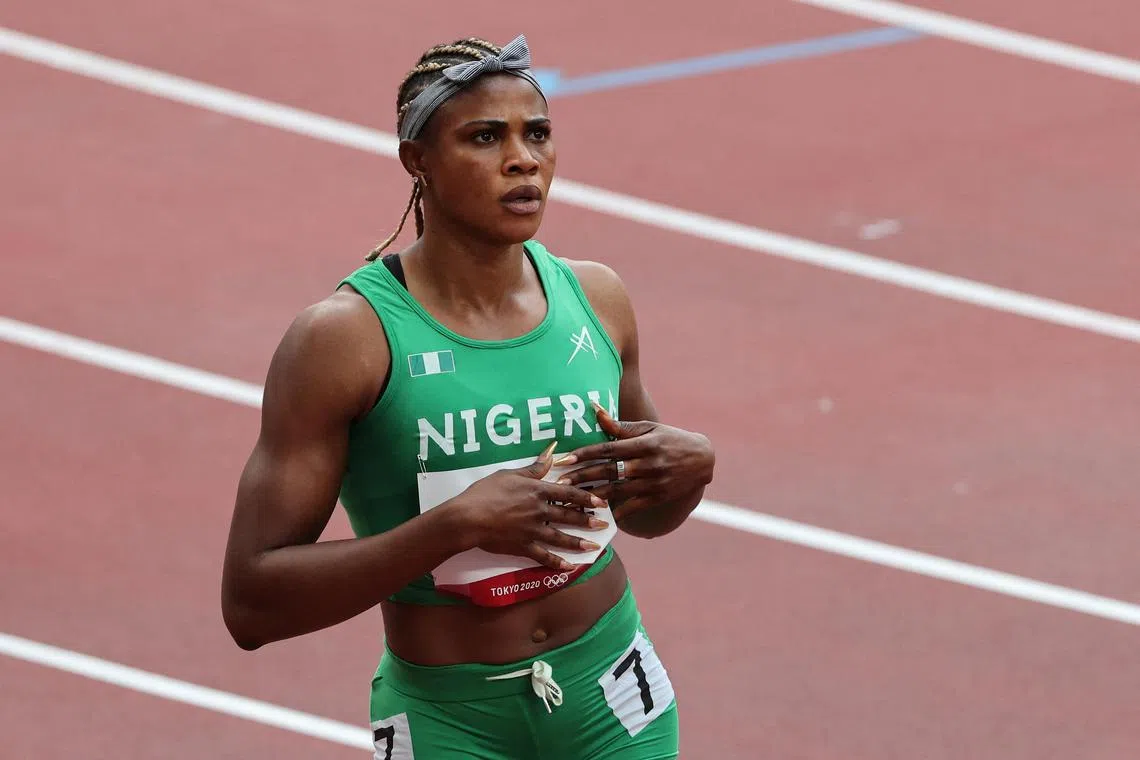 Nigeria's Blessing Okagbare after winning her race in the women's 100m heats during the Tokyo 2020 Olympic Games.