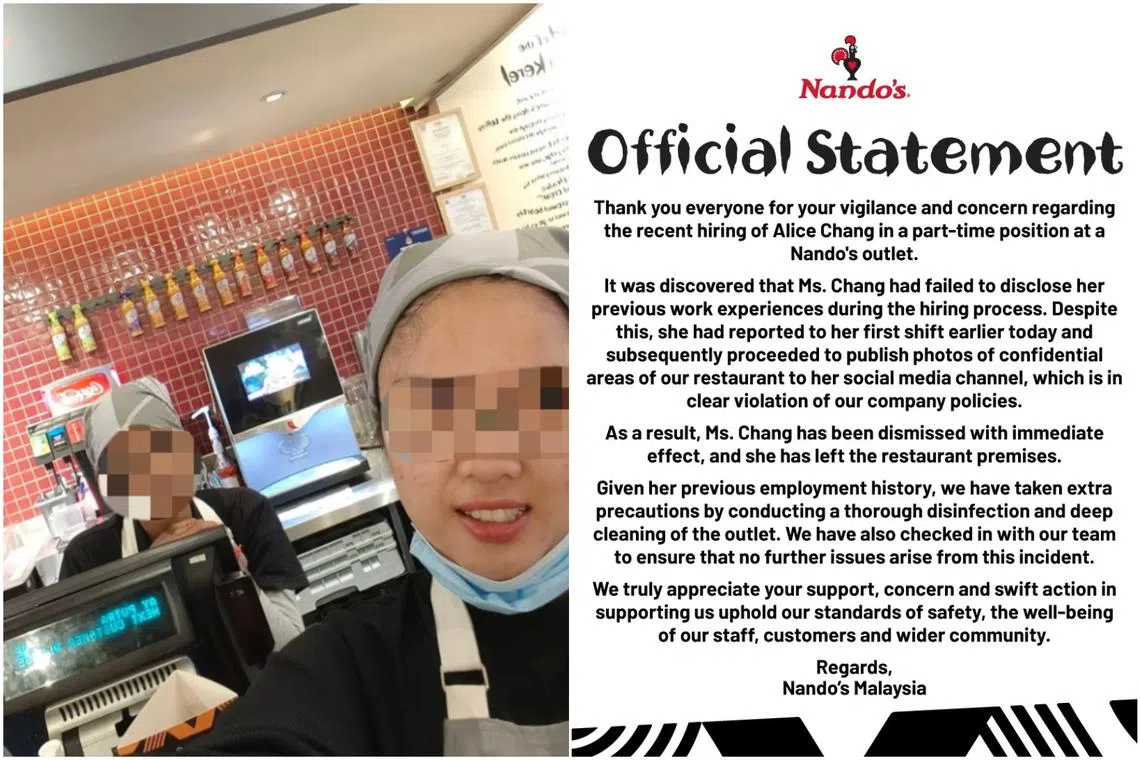Nando’s Malaysia said the woman did not disclose her previous work experience during the hiring process.