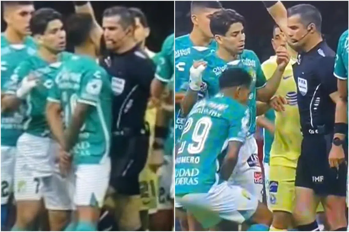 Referee Fernando Hernandez (in black) is under investigation for kneeing Leon's Lucas Romero during the game. 