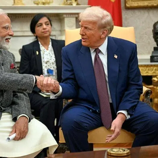 US President Donald Trump (right) and Indian Prime Minister Narendra Modi in the Oval Office of the White House in Washington DC, on Feb 13, 2025.