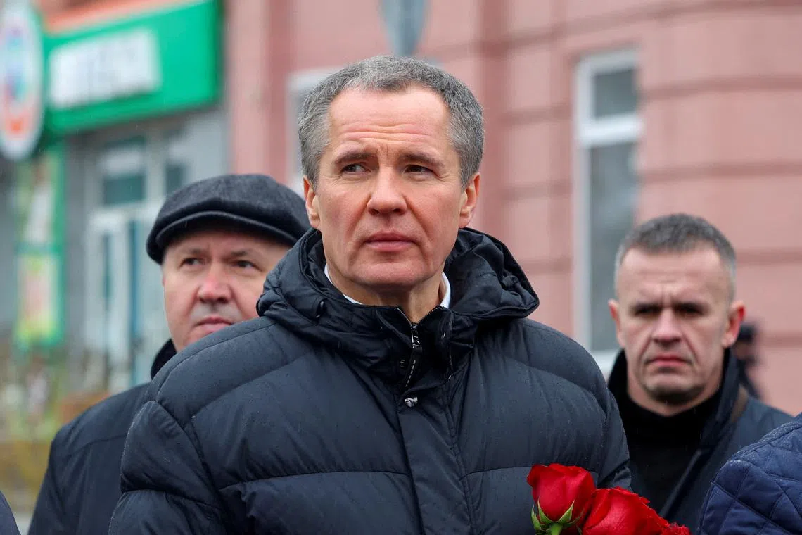 FILE PHOTO: Participants, including the Belgorod region's Governor Vyacheslav Gladkov, mourn victims during a commemoration ceremony marking 40 days since the deadly shelling, which local authorities called a Ukrainian military strike, in the course of Russia-Ukraine conflict in Belgorod, Russia, February 7, 2024. REUTERS/Stringer/File Photo