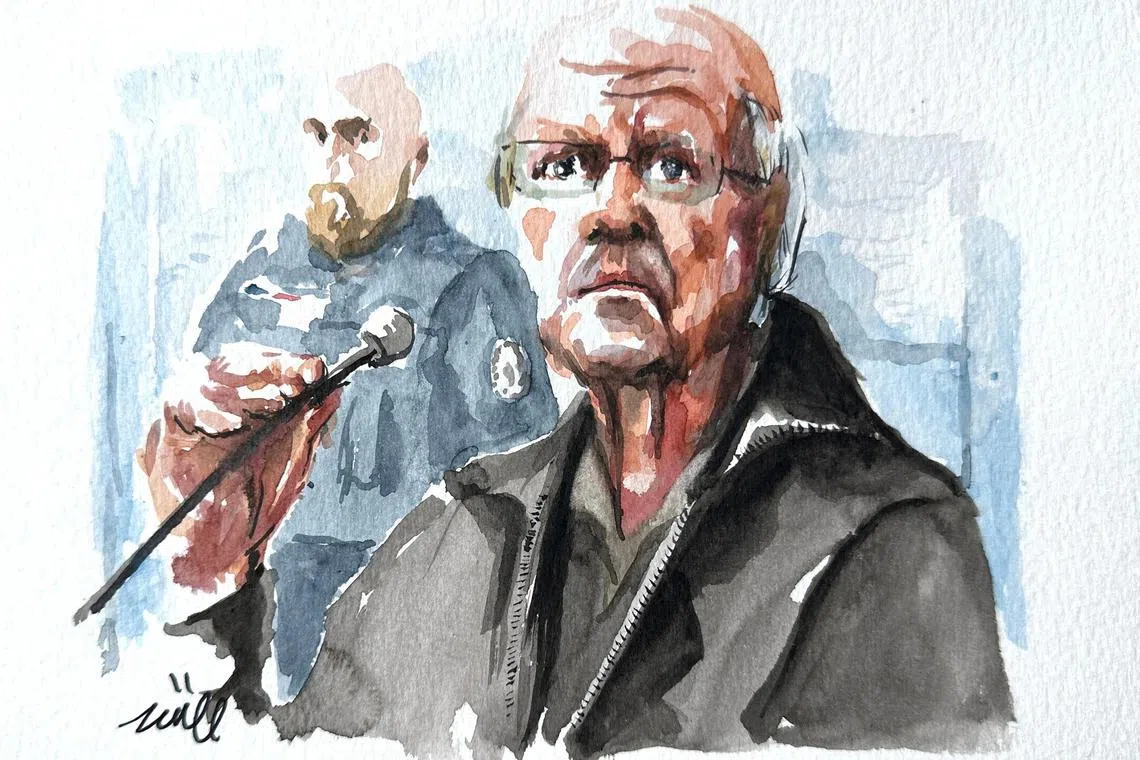 Former French surgeon Joel Le Scouarnec is seen during his trial in a courtroom sketch.