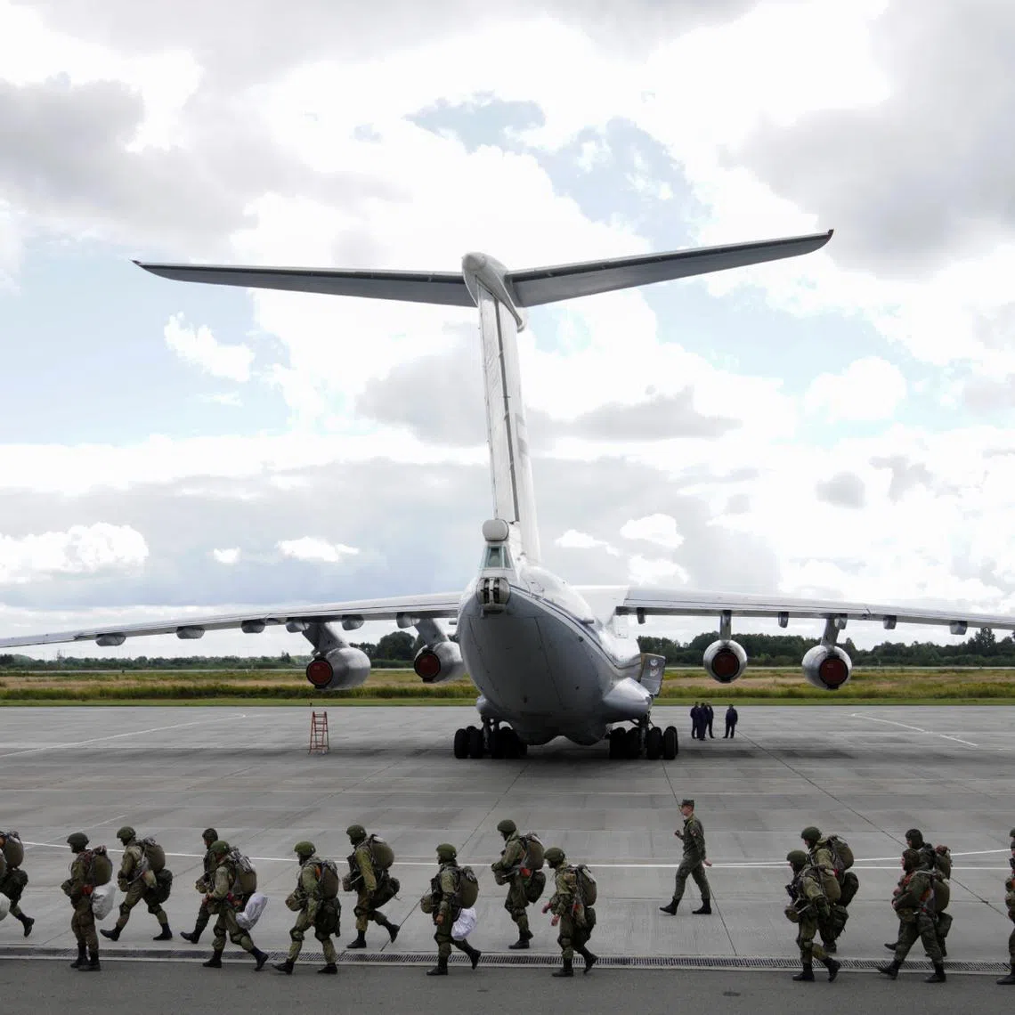 Russian paratroopers taking part in the Zapad military exercise staged by the armed forces of Russia and Belarus at an aerodrome in Kaliningrad Region, Russia, in 2021. 