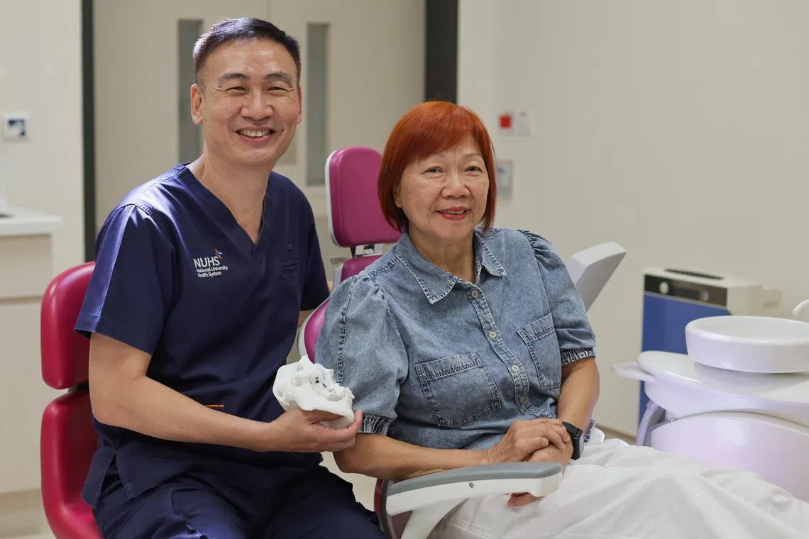 ST20241003_202437000816: Gin Tay/azjaw/Ahmad Zhaki Bin Abdullah/ 
(From left): Profile of Assoc Prof Asher Lim, 59, senior consultant, Division of Oral & Maxillofacial Surgery, National University Centre for Oral Health, Singapore; and madam Kong Choy Foong 71, retiree; photographed at National University Centre for Oral Health, Singapore, on Oct 3, 2024.