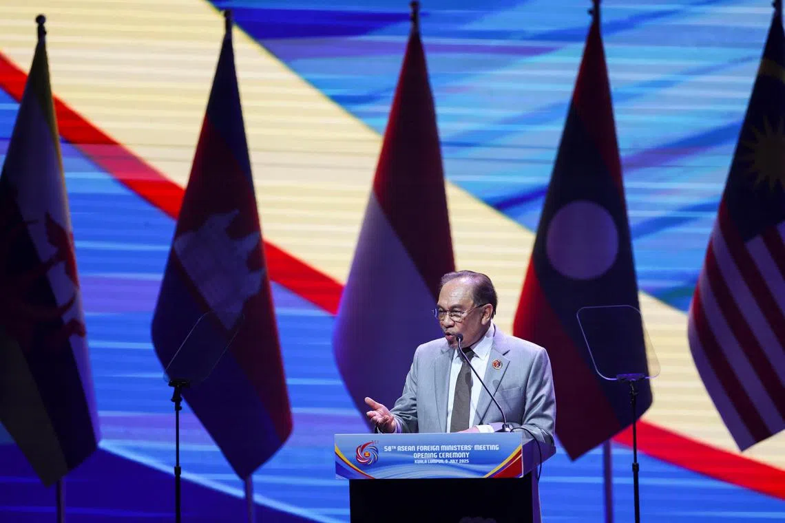 Malaysian Prime Minister Anwar Ibrahim delivers his speech during the 58th Association of Southeast Asian Nations Foreign Ministers' Meeting at Kuala Lumpur, Malaysia, July 9, 2025. 
