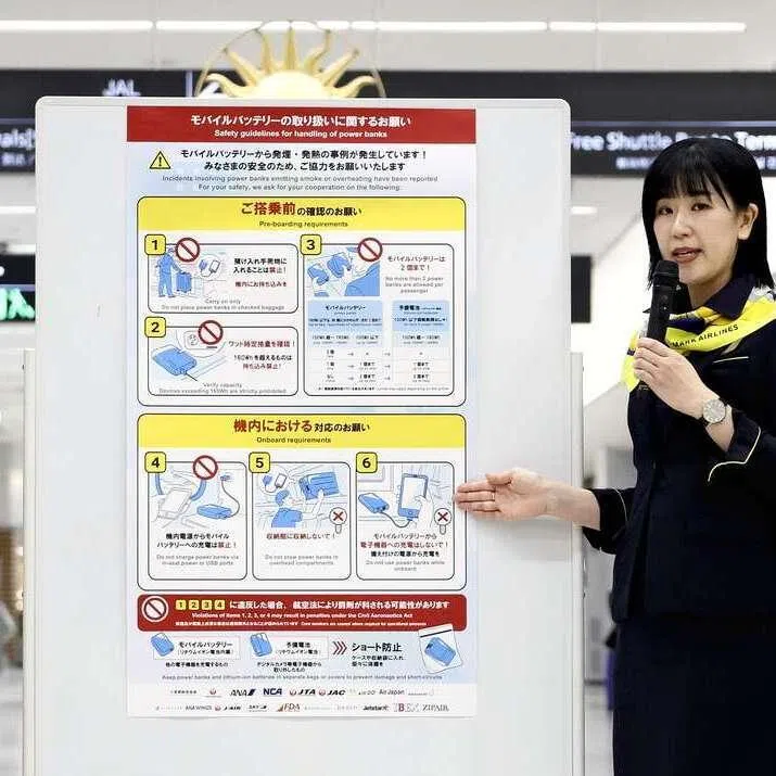 A flight attendant explains the new policy on portable chargers on board flights on April 14 at Haneda Airport.