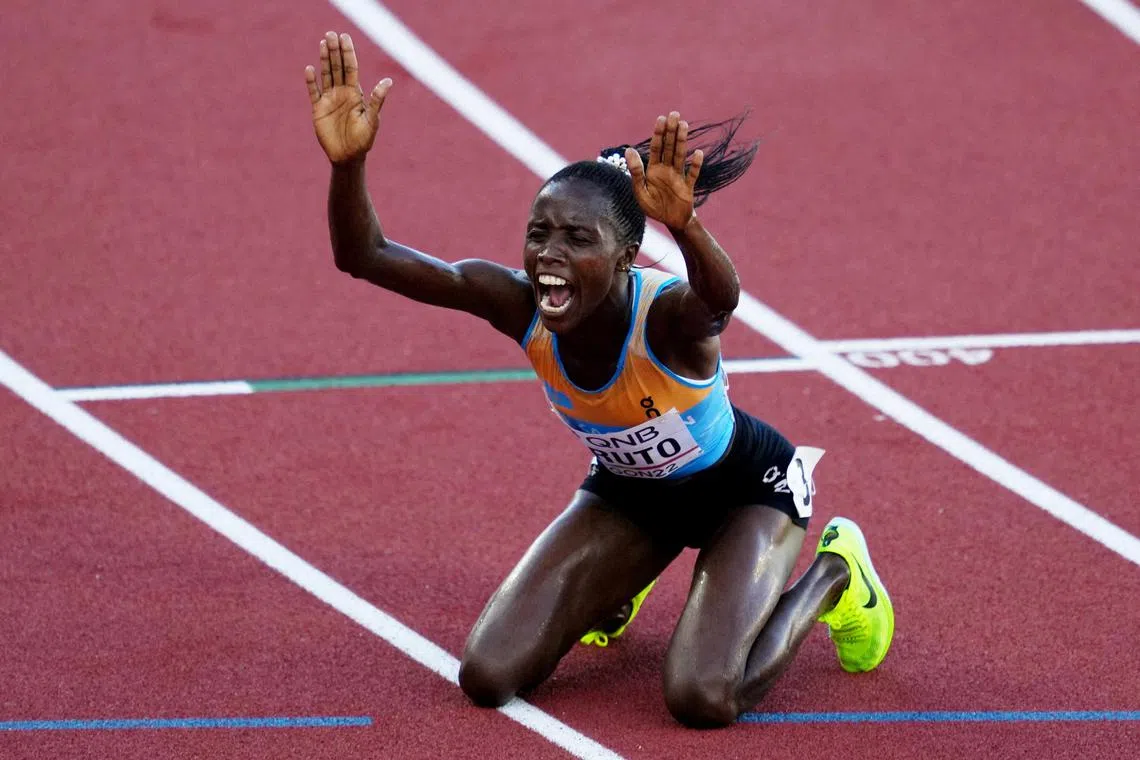 Kazakhstan's Norah Jeruto celebrating after winning the women's 3,000m steeplechase final at the world championships last year. 