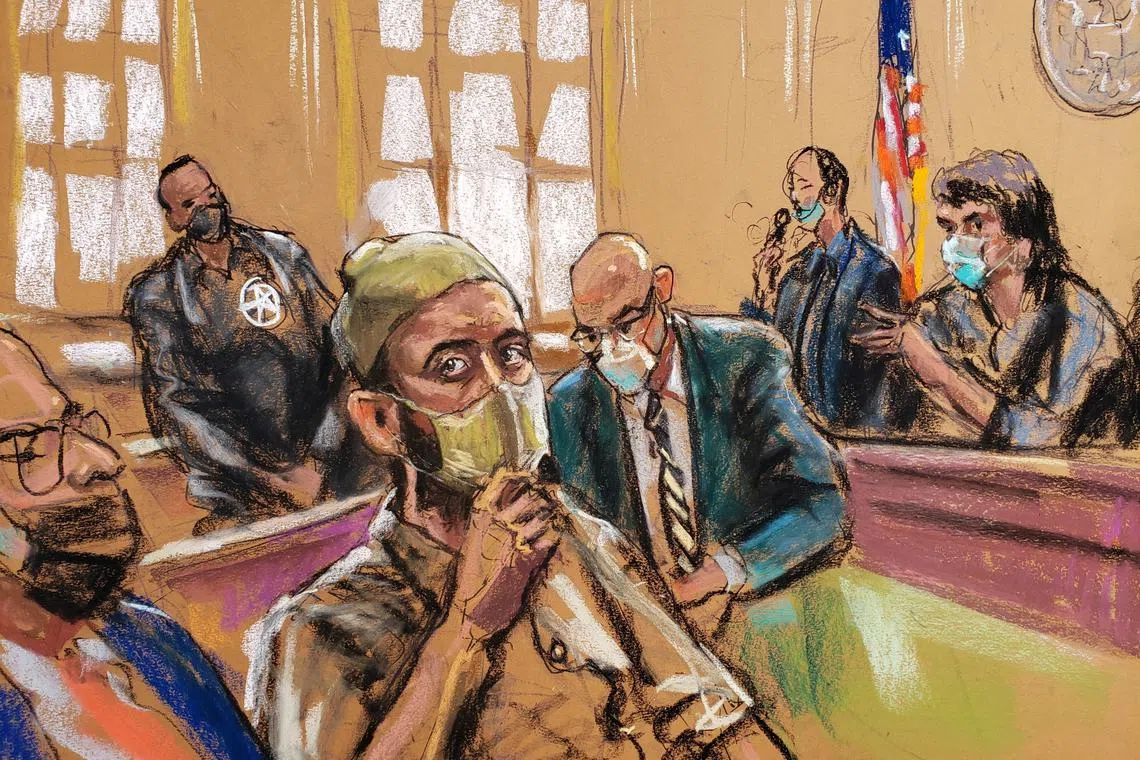 FILE PHOTO: Former Taliban commander Haji Najibullah, previously accused of kidnapping an American journalist, appears on charges related to murdering three U.S. troops in Afghanistan in 2008 during a court hearing in New York, U.S., October 15, 2021 in this courtroom sketch. REUTERS/Jane Rosenberg/File photo