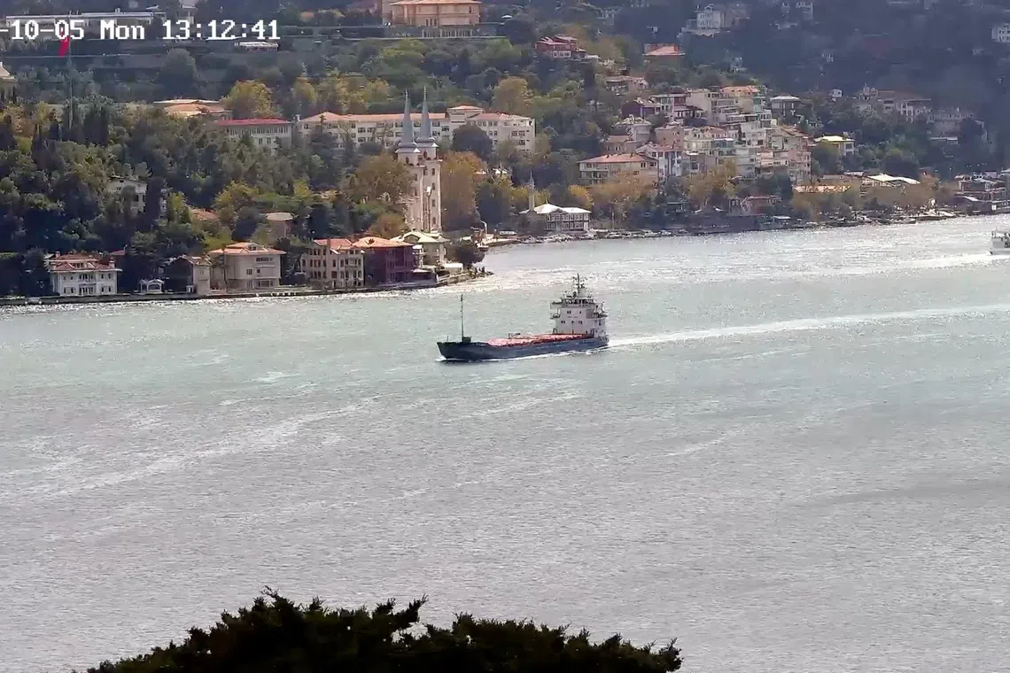 General cargo vessel ALFA WATAN, one of the two vessels attacked in drone strikes in the Black Sea off NATO member Bulgaria, according to a October 6, 2026 statement by Bulgarian PM Radev, sails in Istanbul, Turkey October 5, 2026 in this screengrab obtained from a handout video. YORUK ISIK/Handout via REUTERS