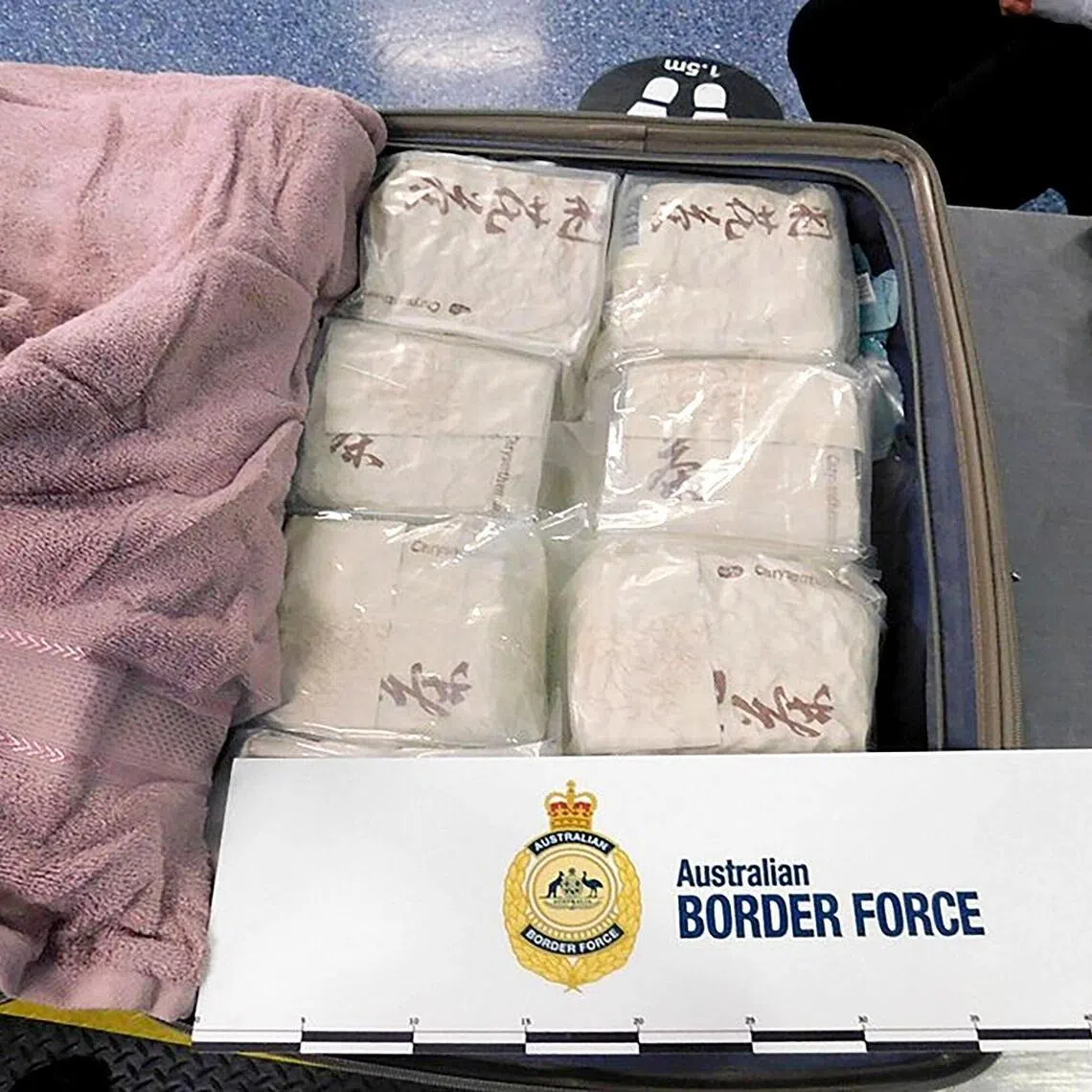 Bags of methamphetamine are seen packed tightly into a suitcase under a pink towel at the Sydney Airport.