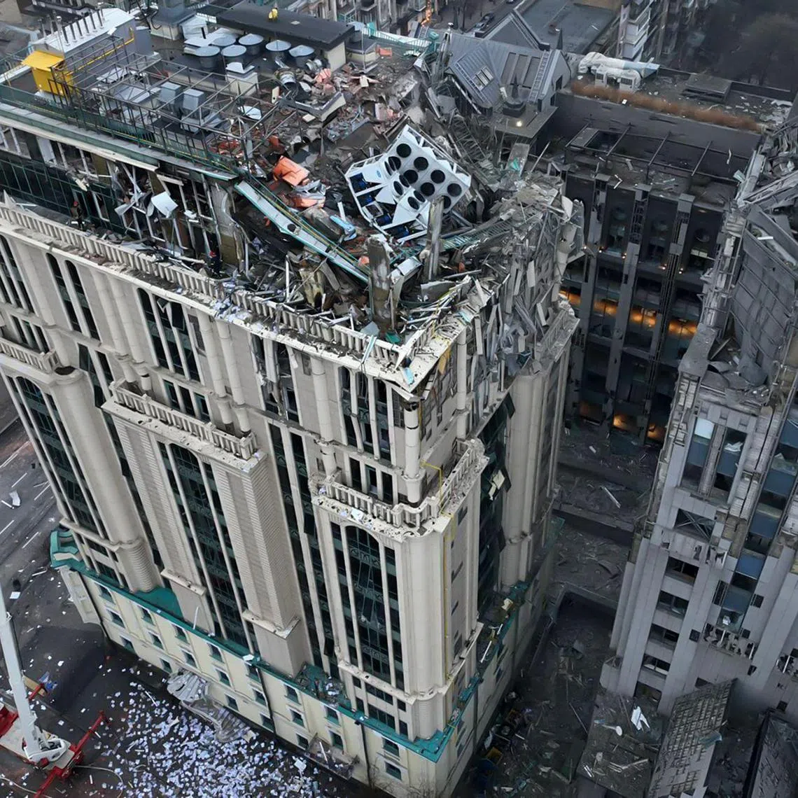 A building damaged as a result of a Russian missile strike in Kyiv, Ukraine. 