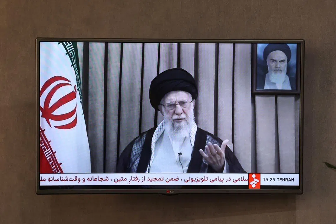 A TV screen displays the televised message of Iran's Supreme Leader, Ayatollah Ali Khamenei, during the Iran-Israel conflict in Tehran, Iran, June 18, 2025. Majid Asgaripour/WANA (West Asia News Agency) via REUTERS/File Photo