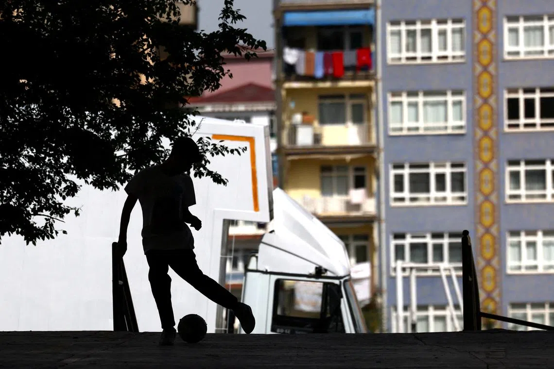 A boy playing soccer in Ankara after the May 14 Turkish presidential and parliamentary elections in Ankara, Turkey, May 15.