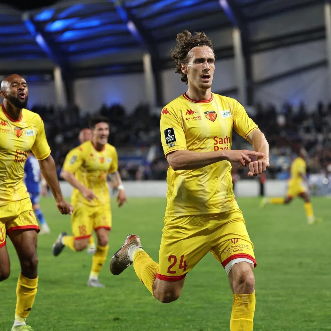 Le Mans' French midfielder Milan Robin celebrates after putting them 2-0 up in stoppage time in the French Ligue 2 football match against Bastia at the Armand-Cesari stadium on the French Mediterranean island of Corsica on May 9, 2026.