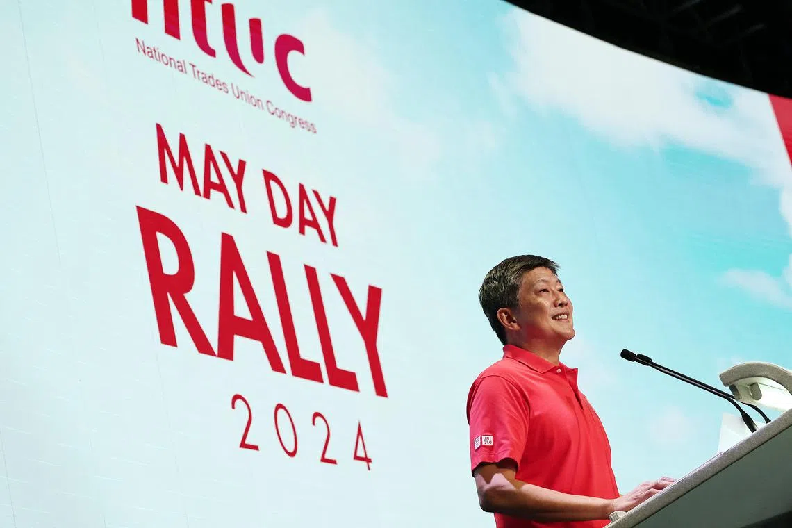 NTUC Secretary-General Ng Chee Meng delivers his opening address at the May Day Rally 2024 at Marina Bay Sands Expo and Convention Centre on May 1, 2024. 