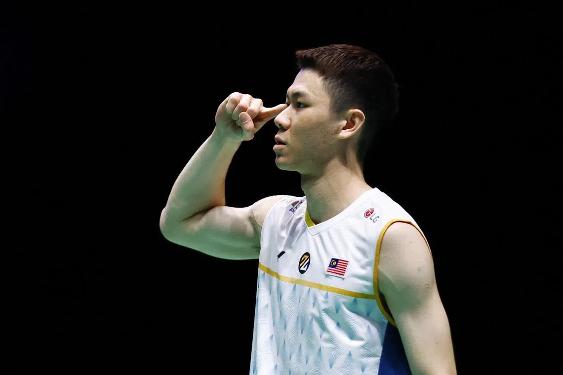 Malaysia's Lee Zii Jia reacts after winning his quarter-final against Japan's Kodai Naraoka on Friday. 
