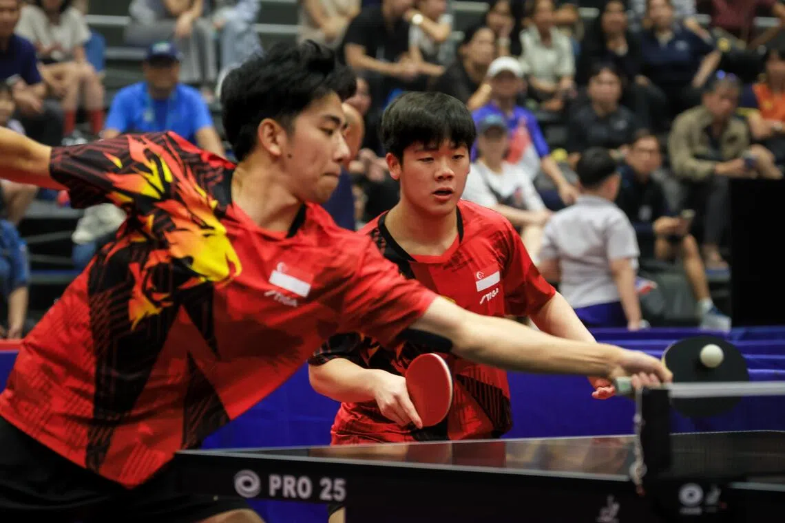 Table Tennis Men Double Final; 
Singapore Pang Yew En Koen; 
Singapore Izaac Quek; 
Malaysia Javen Choong; 
Malaysia Wong Qi Shen;
at Central Westgate during the Thailand SEA Games in Bangkok on Dec 17, 2025.