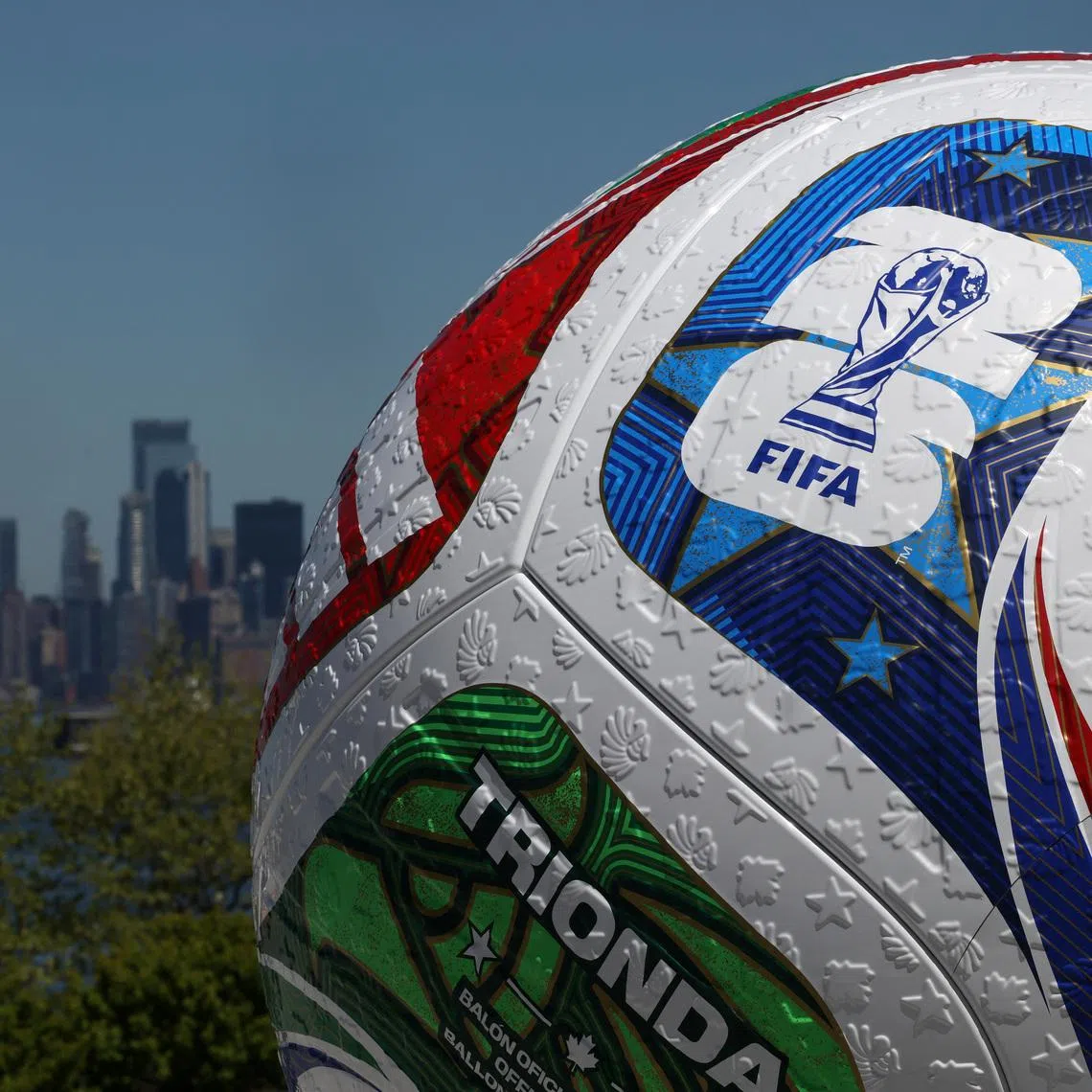 A blow up soccer ball of the Trionda, the official match ball of the FIFA World Cup 2026, stands during a press conference announcing an official fan zone for the area in New York City, U.S., April 27, 2026. REUTERS/Shannon Stapleton