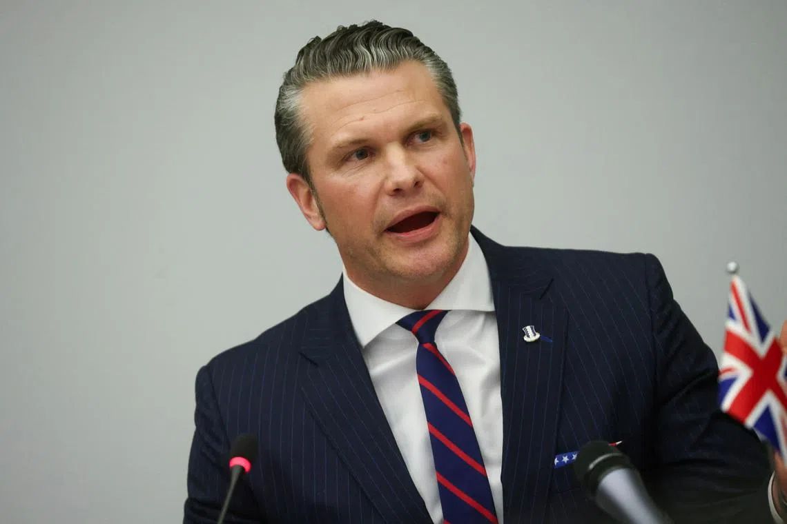 U.S. Defense Secretary Pete Hegseth speaks during a meeting of the Ukraine Defense Contact Group on the eve of a NATO defence ministers' meeting at the alliance's headquarters in Brussels, Belgium February 12, 2025. REUTERS/Johanna Geron