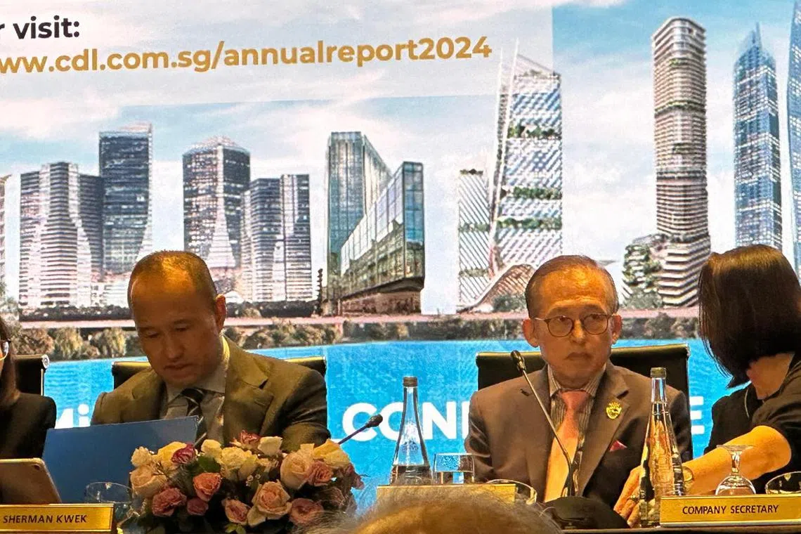 ST Biz - City Developments Limited (CDL) executive chairman Kwek Leng Beng (right) and his son and group CEO Sherman Kwek at the company's annual general meeting at M Hotel Singapore on April 23.

Credit: Angela Tan