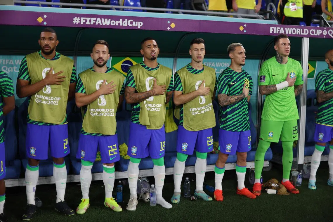 Brazil has a bench packed with top players such as (from right) Manchester City's Ederson, Manchester United's Antony, Arsenal's Gabriel Martinelli and Gabriel Jesus, Flamengo's Everton Ribeiro and Juventus' Gleison Bremer.