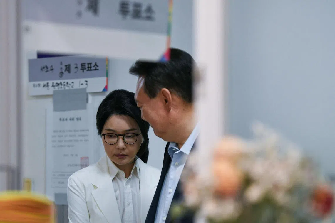 Former South Korean President Yoon Suk Yeol, and his wife Kim Keon Hee, wait to vote at a polling station during the presidential election, in Seoul, South Korea, June 3, 2025.     Yonhap via REUTERS   THIS IMAGE HAS BEEN SUPPLIED BY A THIRD PARTY. NO RESALES. NO ARCHIVES. SOUTH KOREA OUT. NO COMMERCIAL OR EDITORIAL SALES IN SOUTH KOREA.