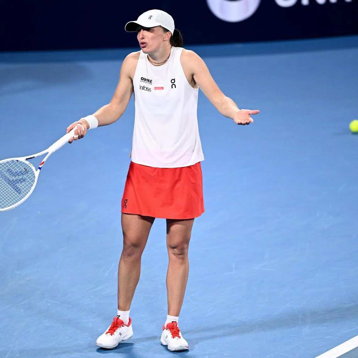 Iga Swiatek of Poland reacting during her 3-6, 6-0, 6-3 loss to Belinda Bencic of Switzerland during the 2026 United Cup final between Poland and Switzerland at Ken Rosewall Arena in in Sydney on Jan 11, 2026.