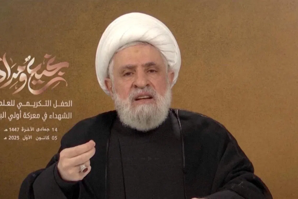 FILE PHOTO: Lebanon's Hezbollah chief Naim Qassem gives a televised speech from an unknown location in this still image obtained from a video released December 5, 2025. Al Manar TV/REUTERS TV/via REUTERS/File Photo